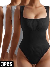 3 Pack Women Workout Seamless Jumpsuit Yoga Ribbed Bodycon One Piece Spaghetti Strap Romper (Option: 3PACK7-S)