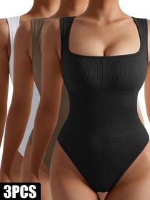 3 Pack Women Workout Seamless Jumpsuit Yoga Ribbed Bodycon One Piece Spaghetti Strap Romper (Option: 3PACK9-S)