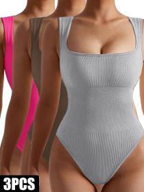 3 Pack Women Workout Seamless Jumpsuit Yoga Ribbed Bodycon One Piece Spaghetti Strap Romper (Option: 3PACK6-S)
