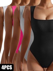 4 Pack Women Jumpsuit Workout Romper Short Sleeve Gym One Piece Bodycon Unitards Tummy Control Yoga Bodysuit (Option: 4PACK4-S)